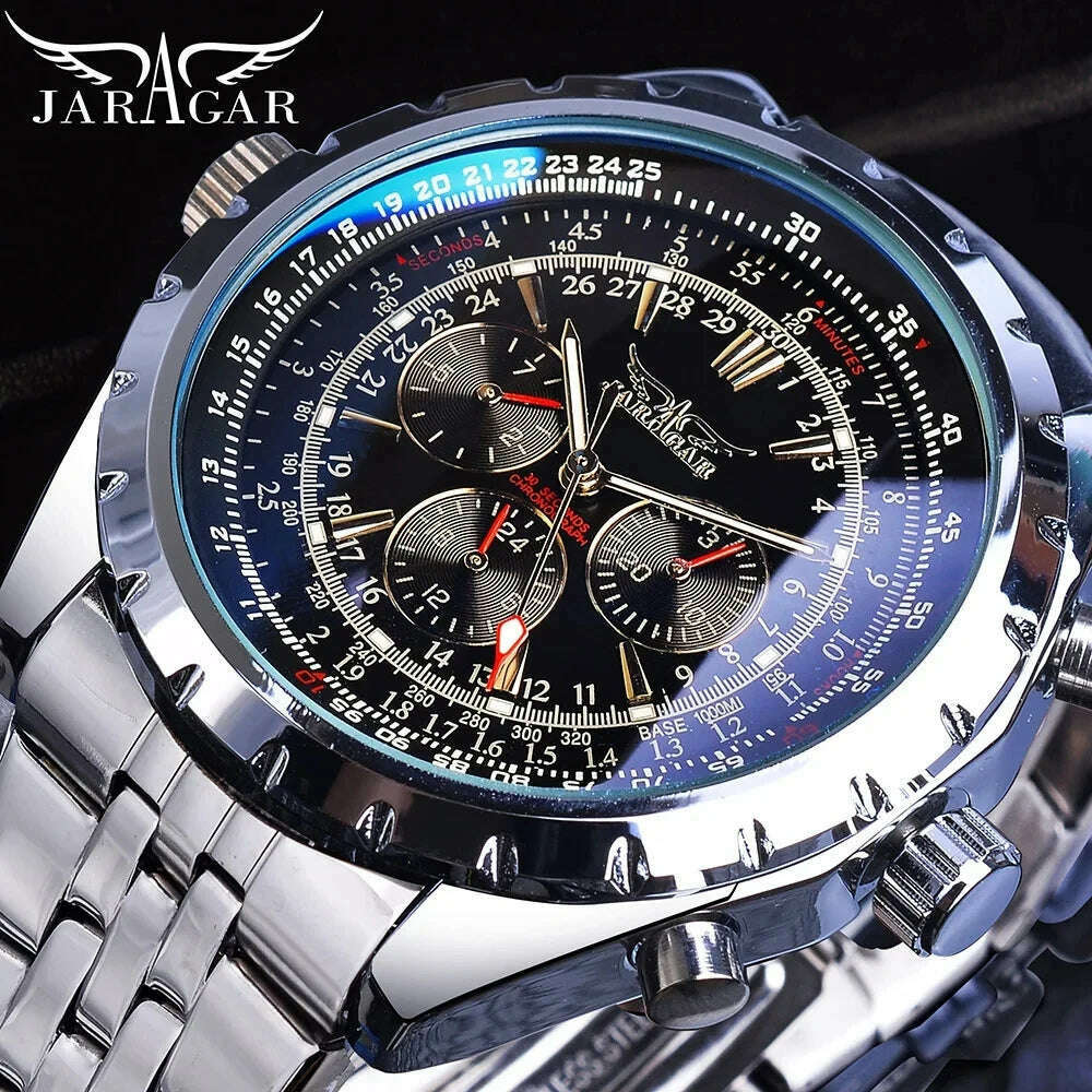 KIMLUD, JARAGAR Sports Mens Watches Top Brand Luxury Automatic Mechanical Watch for Men Silver Stainless Steel Strap Military Wristwatch, KIMLUD Womens Clothes