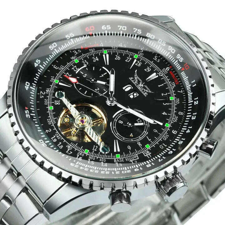 KIMLUD, JARAGAR Tourbillon Watch for Men Mechanical Wristwatches Classic Mens Watches Top Brand Luxury Leather Strap Calendar Clock New, SILVER-BLACK / China, KIMLUD Women's Clothes