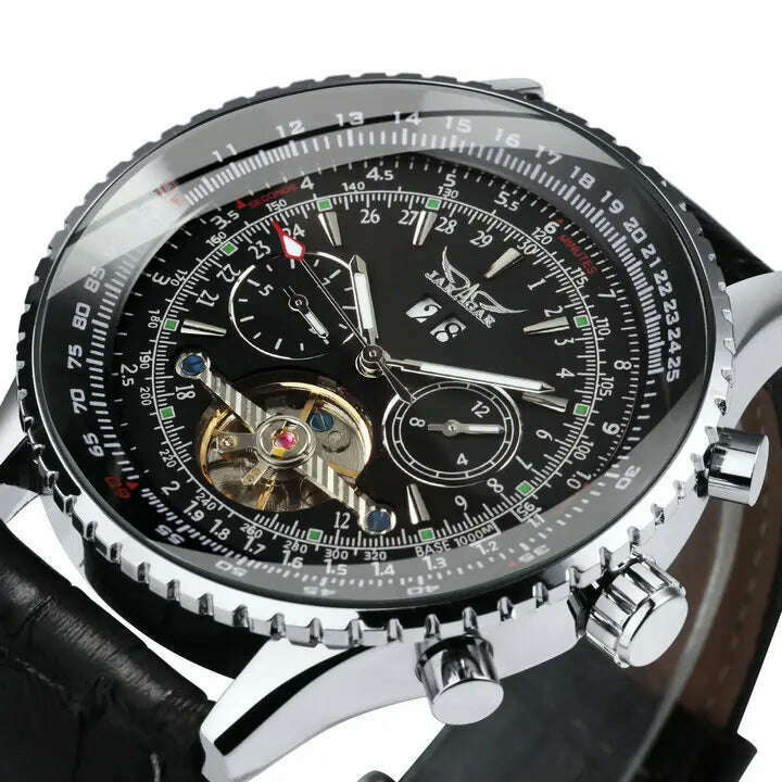 KIMLUD, JARAGAR Tourbillon Watch for Men Mechanical Wristwatches Classic Mens Watches Top Brand Luxury Leather Strap Calendar Clock New, SILVER-BLACK 1 / China, KIMLUD Women's Clothes