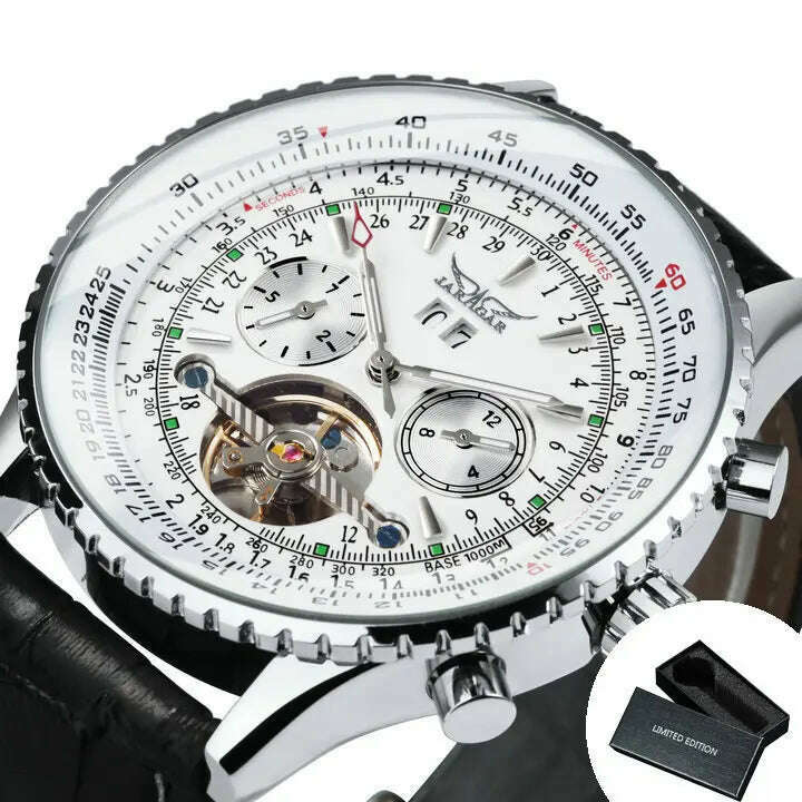 KIMLUD, JARAGAR Tourbillon Watch for Men Mechanical Wristwatches Classic Mens Watches Top Brand Luxury Leather Strap Calendar Clock New, BO SILVER-WHITE / China, KIMLUD Women's Clothes