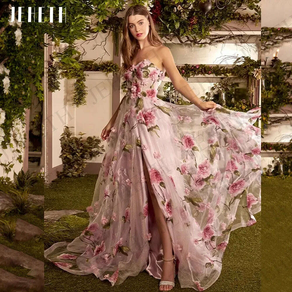 KIMLUD, JEHETH Prom Dresses For Women 2023 Pink Floral Print Split Party Elegant Strapless A Line Evening Gown Fairy فساتين مناسبة رسمية, KIMLUD Womens Clothes