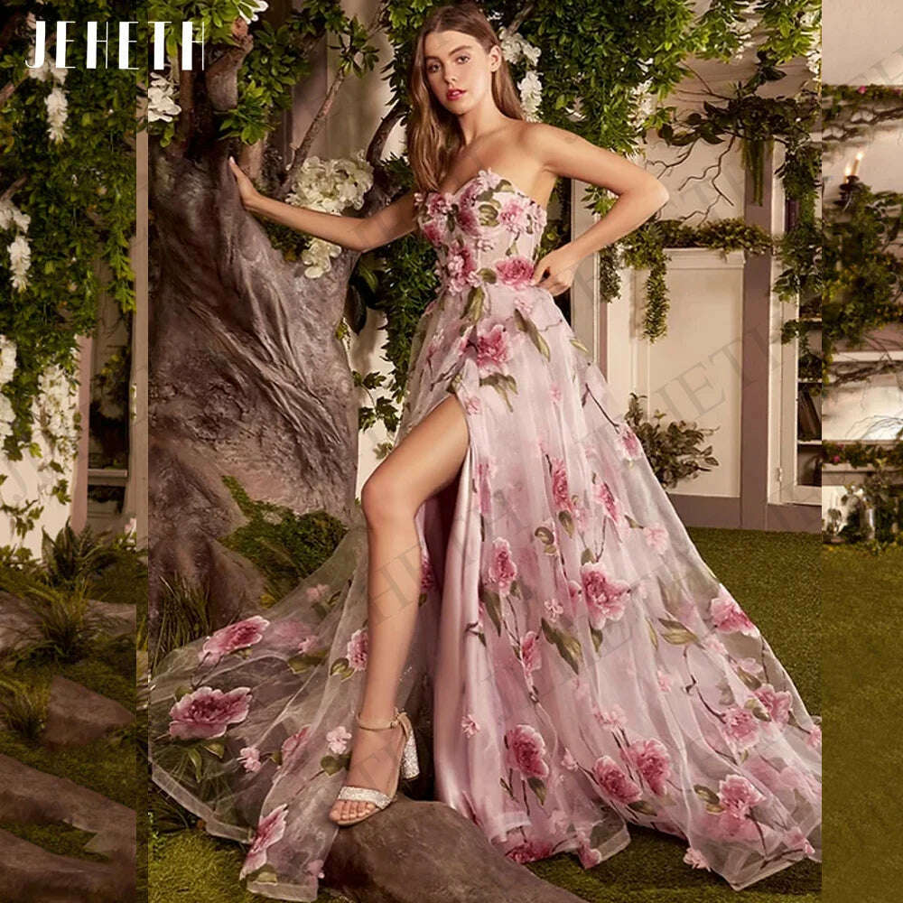 KIMLUD, JEHETH Prom Dresses For Women 2023 Pink Floral Print Split Party Elegant Strapless A Line Evening Gown Fairy فساتين مناسبة رسمية, KIMLUD Womens Clothes
