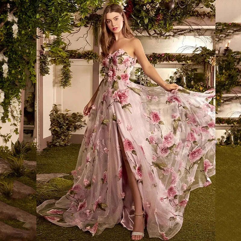 KIMLUD, JEHETH Prom Dresses For Women 2023 Pink Floral Print Split Party Elegant Strapless A Line Evening Gown Fairy فساتين مناسبة رسمية, Picture Color / CHINA / 2, KIMLUD Womens Clothes