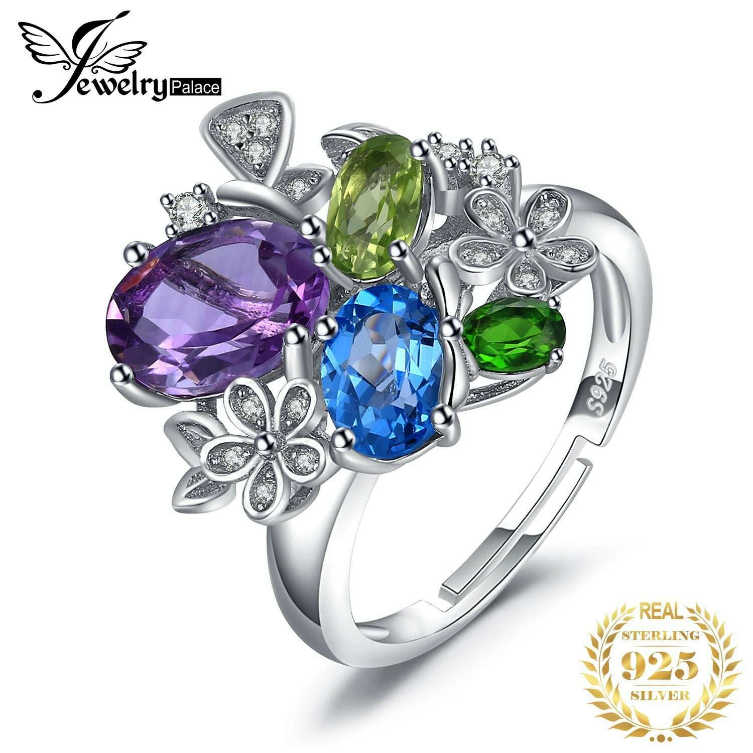 KIMLUD, JewelryPalace Flower Natural Amethyst Blue Topaz Peridot Chrome Diopside Open Adjustable Cocktail Ring 925 Sterling Silver Women, resizable, KIMLUD Women's Clothes