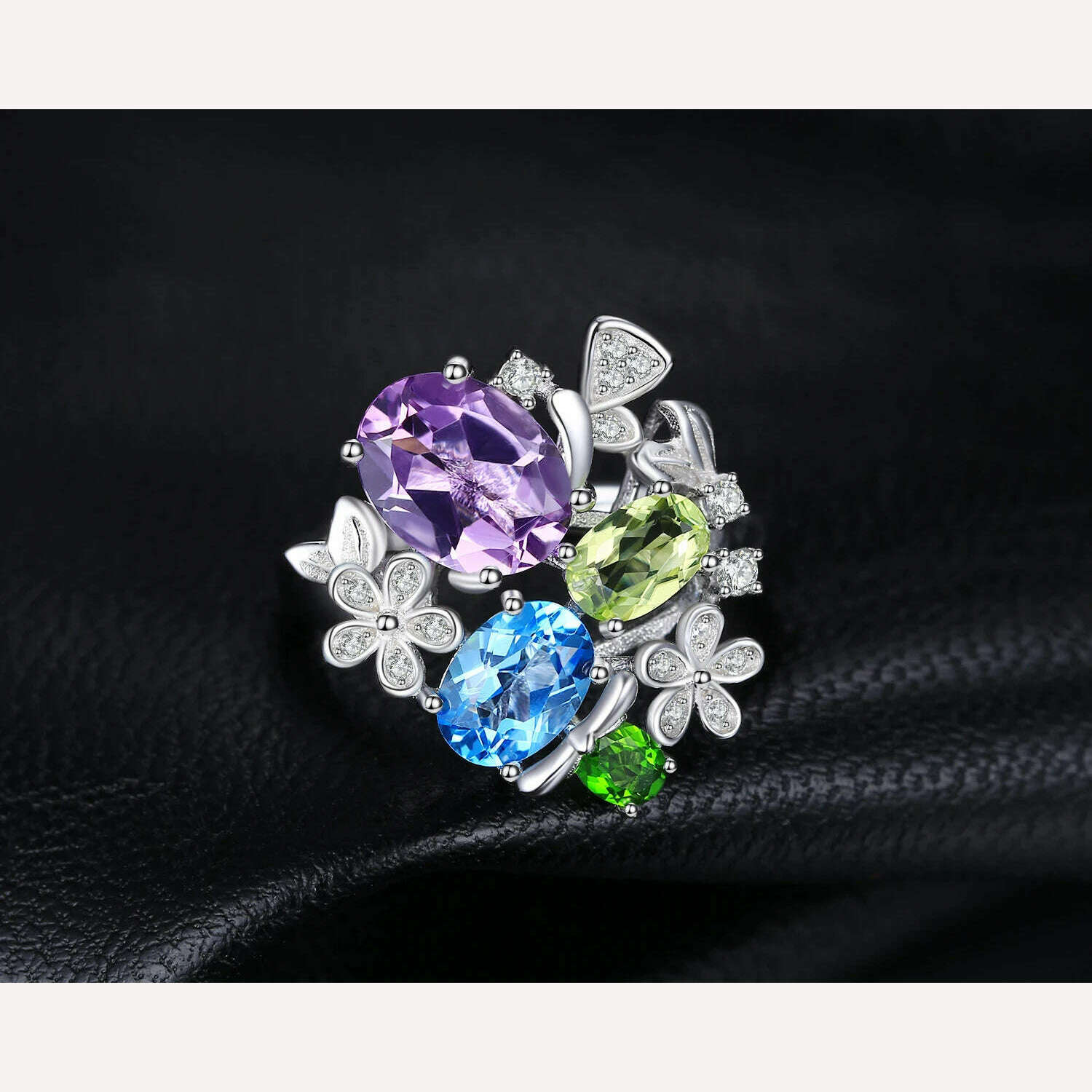 KIMLUD, JewelryPalace Flower Natural Amethyst Blue Topaz Peridot Chrome Diopside Open Adjustable Cocktail Ring 925 Sterling Silver Women, KIMLUD Womens Clothes