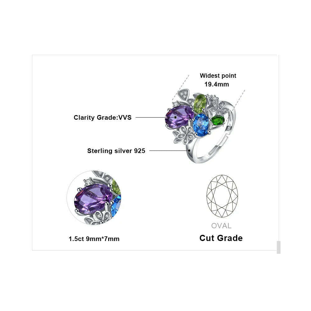 KIMLUD, JewelryPalace Flower Natural Amethyst Blue Topaz Peridot Chrome Diopside Open Adjustable Cocktail Ring 925 Sterling Silver Women, KIMLUD Womens Clothes