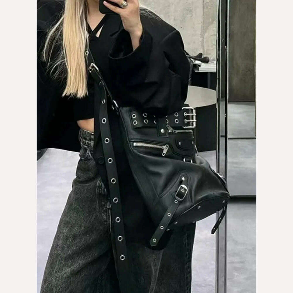 KIMLUD, JIAERDI High Street Vintage Handbag Women New Rivet Large Capacity Casual Crossbody Bags Ladies Moto Biker Black Messenger Bag, Black, KIMLUD APPAREL - Womens Clothes