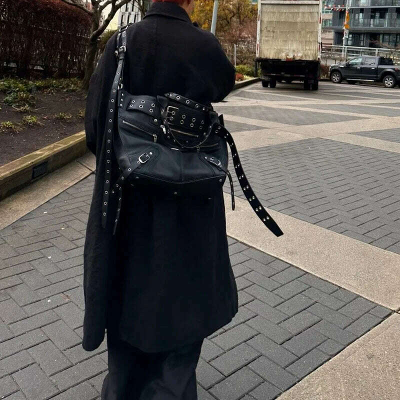 KIMLUD, JIAERDI High Street Vintage Handbag Women New Rivet Large Capacity Casual Crossbody Bags Ladies Moto Biker Black Messenger Bag, KIMLUD Womens Clothes