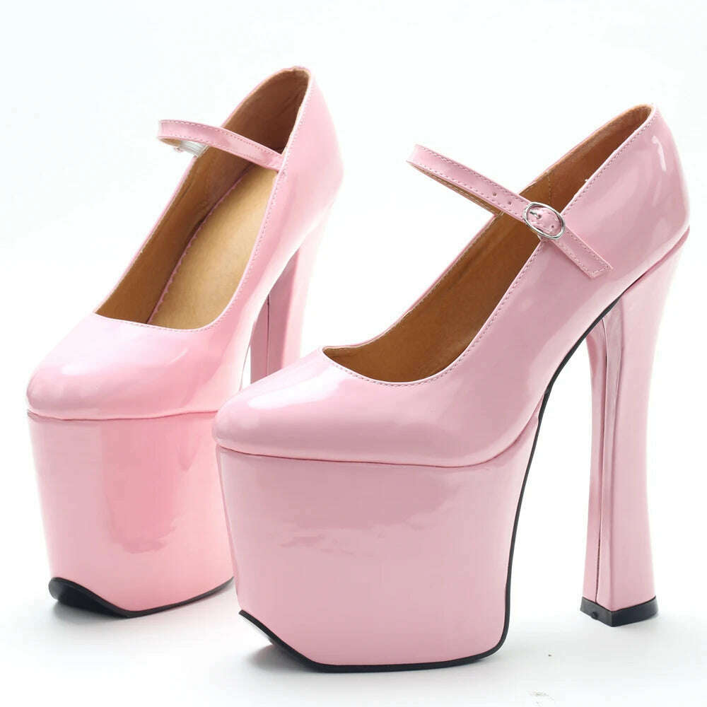 jialuowei Black patent platform Mary Janes Pumps with chunky 7 1/2" heel with 3 1/2" platform high heel pumps Cosplay shoes - KIMLUD