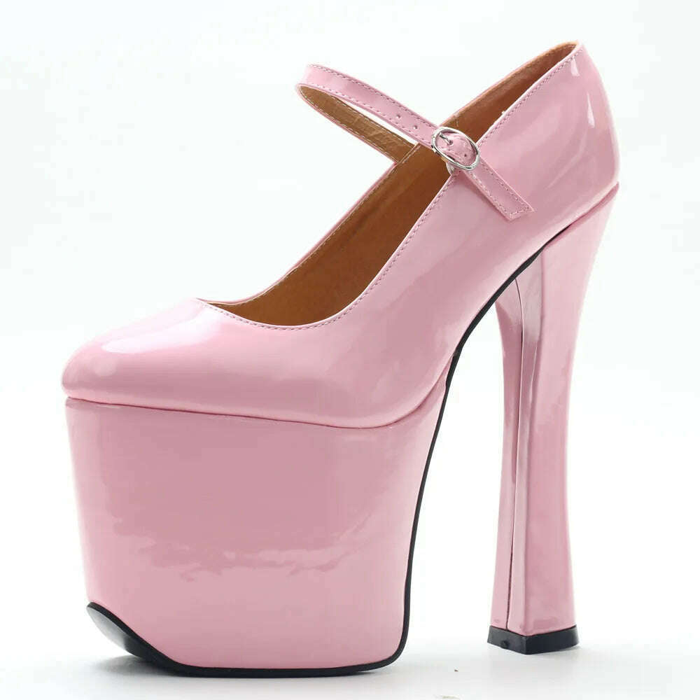 jialuowei Black patent platform Mary Janes Pumps with chunky 7 1/2" heel with 3 1/2" platform high heel pumps Cosplay shoes - KIMLUD