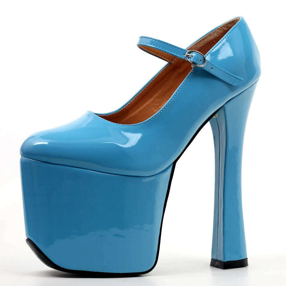 jialuowei Black patent platform Mary Janes Pumps with chunky 7 1/2" heel with 3 1/2" platform high heel pumps Cosplay shoes - KIMLUD