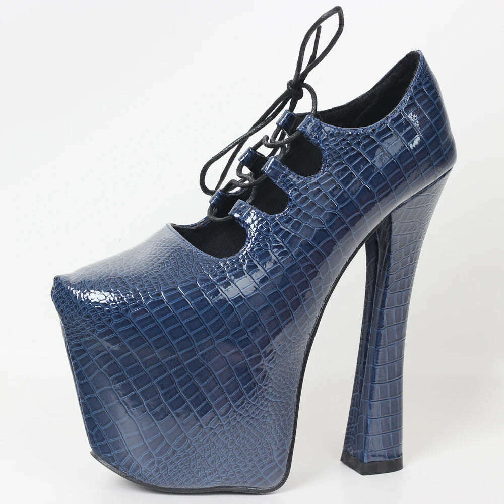 KIMLUD, JIALUOWEI Vintage 70S retro chunky 7 1/2" heel platform Blue Snakeskin pumps Size5-15, Blue / 5, KIMLUD Womens Clothes