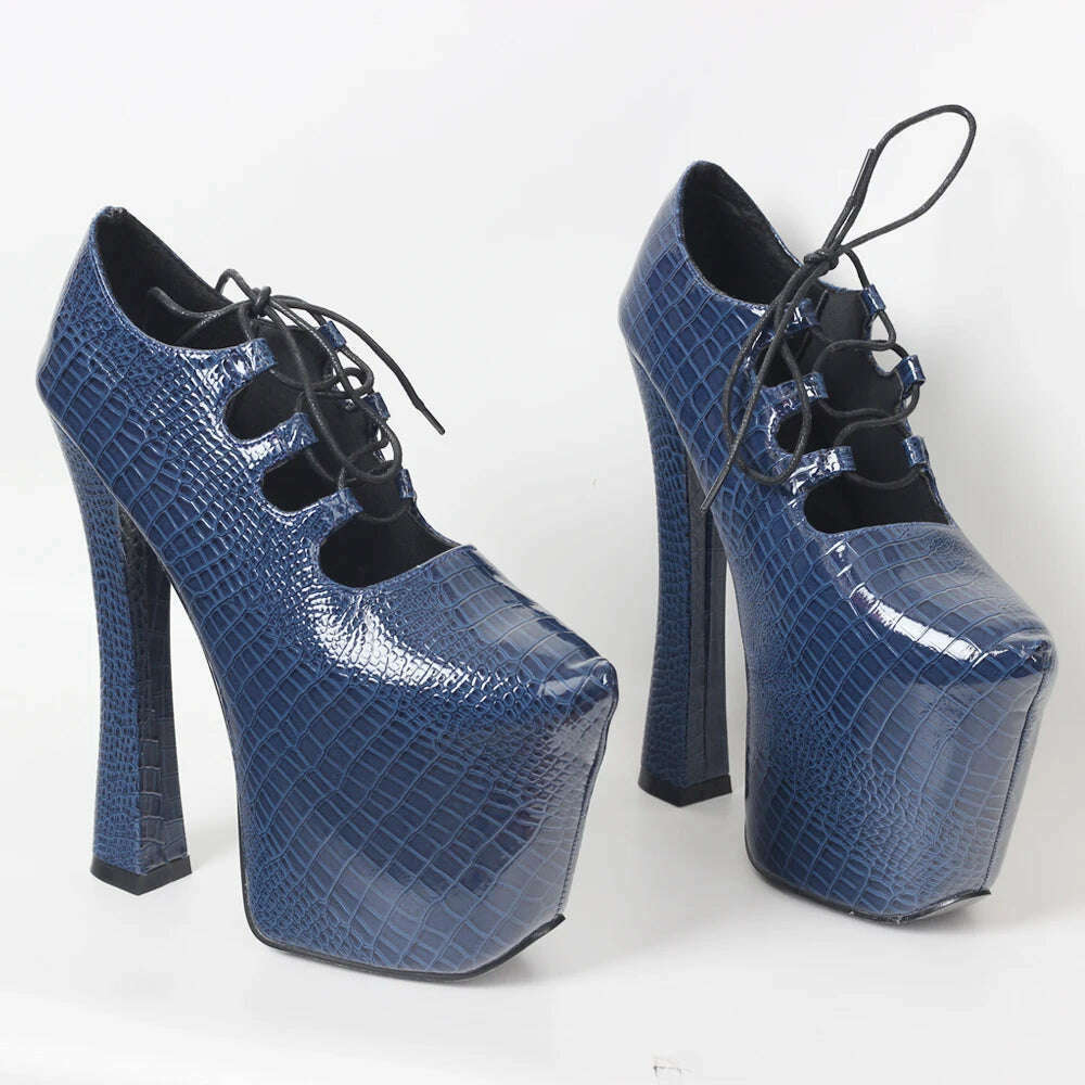KIMLUD, JIALUOWEI Vintage 70S retro chunky 7 1/2" heel platform Blue Snakeskin pumps Size5-15, KIMLUD Womens Clothes