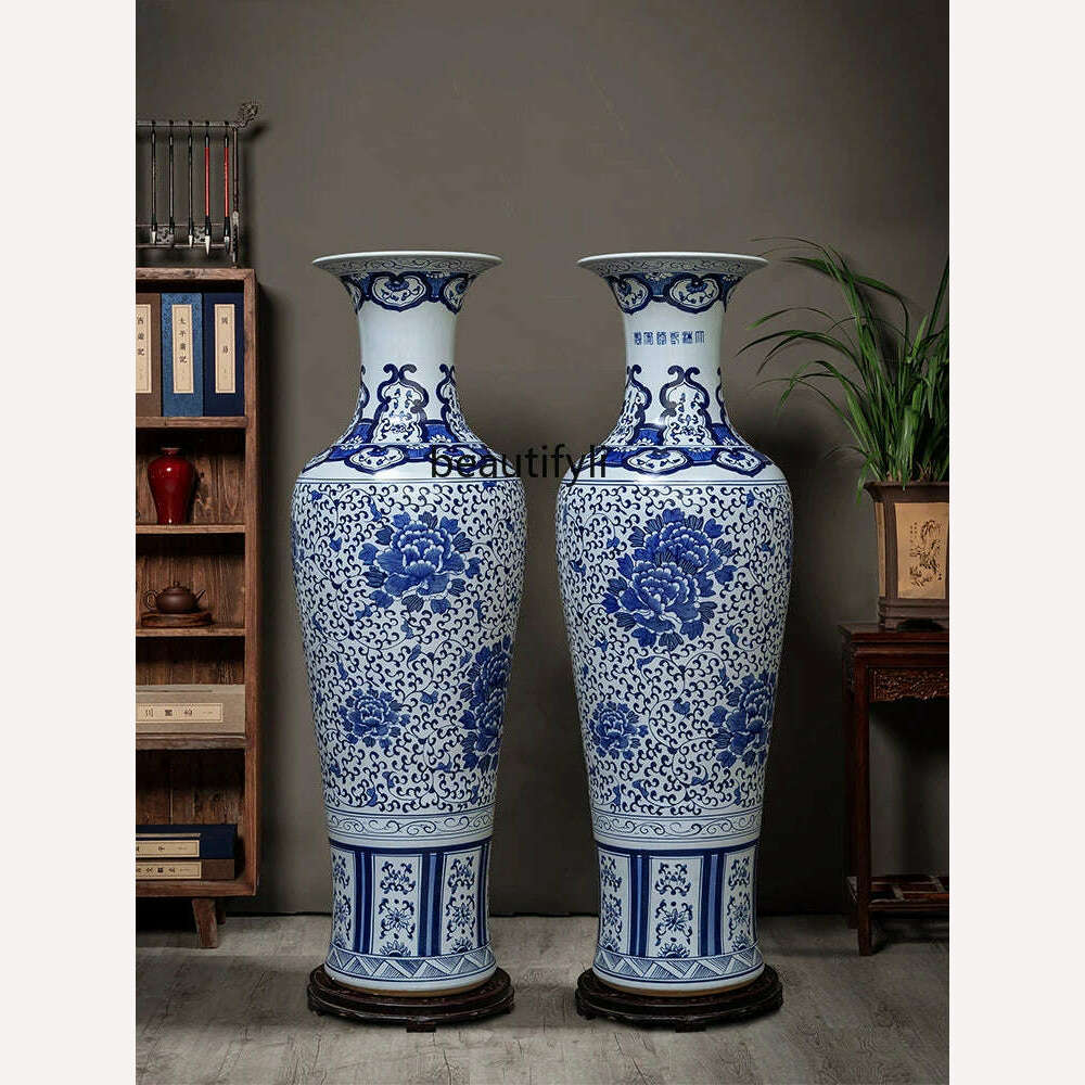 KIMLUD, Jingdezhen Ceramic Floor Vase Chinese Hand-Painted Blue and White Porcelain Decoration Company Opening Large Porcelain Bottle, KIMLUD Womens Clothes