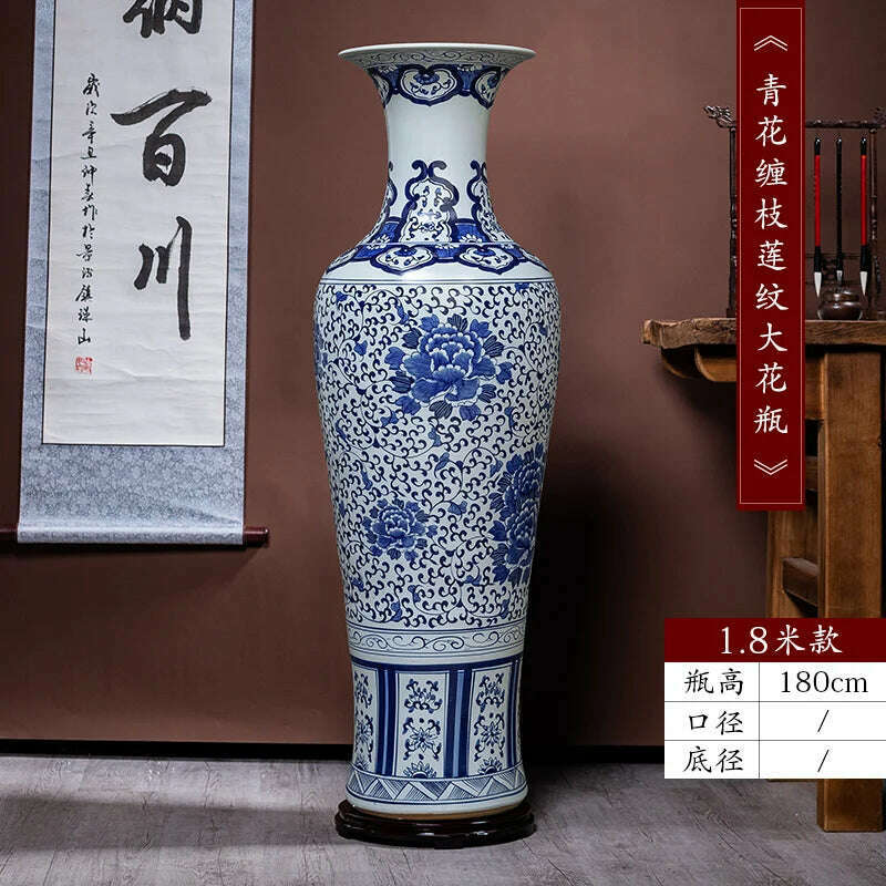 KIMLUD, Jingdezhen Ceramic Floor Vase Chinese Hand-Painted Blue and White Porcelain Decoration Company Opening Large Porcelain Bottle, 1.8 m, KIMLUD Womens Clothes
