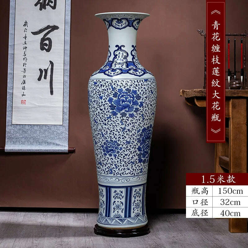 KIMLUD, Jingdezhen Ceramic Floor Vase Chinese Hand-Painted Blue and White Porcelain Decoration Company Opening Large Porcelain Bottle, 1.5 m, KIMLUD Womens Clothes