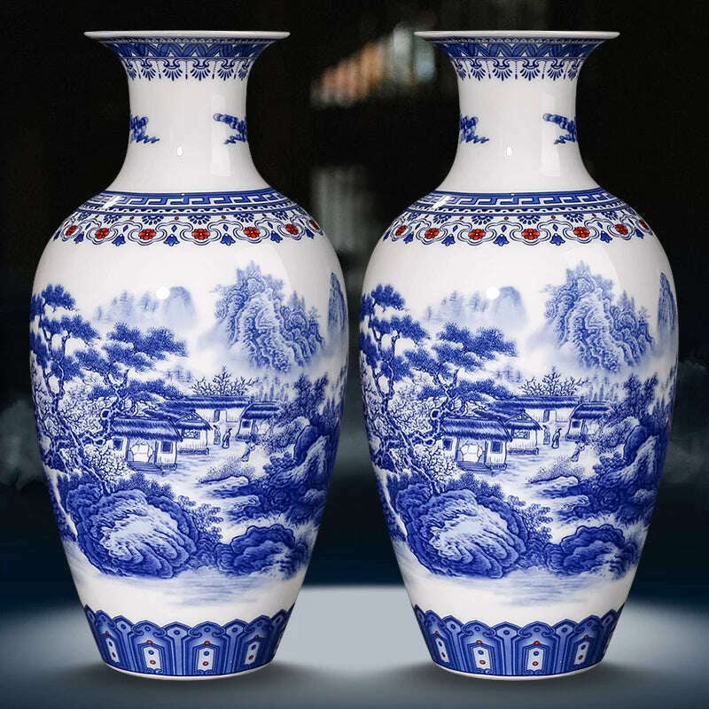 Jingdezhen Ceramics Blue And White Landscape Pattern Vase Ornaments Chinese Living Room Wine Cabinet Antique Eggshell Vase - KIMLUD