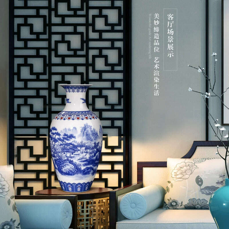 Jingdezhen Ceramics Blue And White Landscape Pattern Vase Ornaments Chinese Living Room Wine Cabinet Antique Eggshell Vase - KIMLUD
