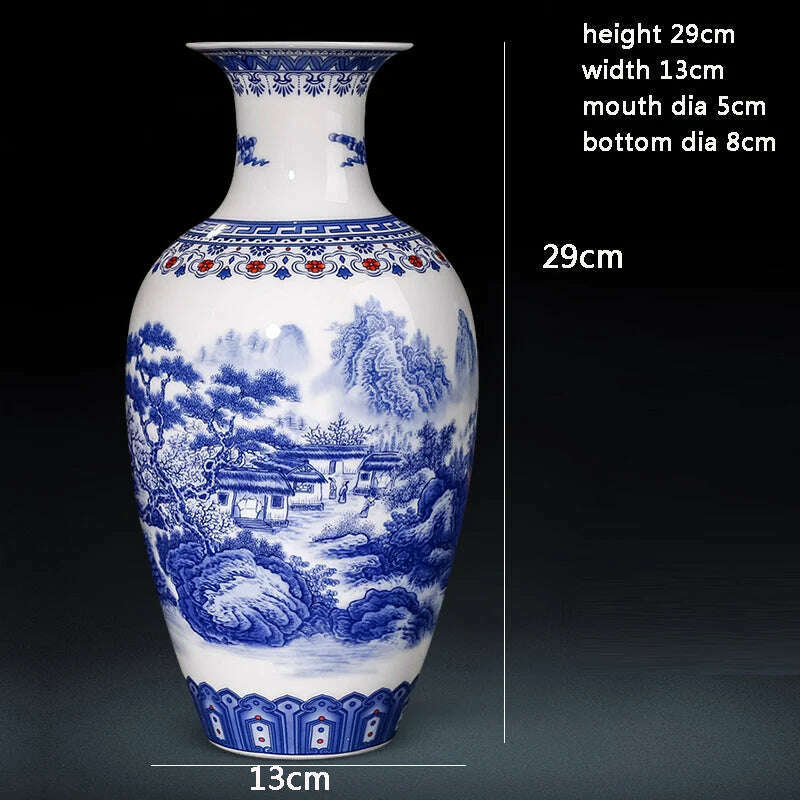 Jingdezhen Ceramics Blue And White Landscape Pattern Vase Ornaments Chinese Living Room Wine Cabinet Antique Eggshell Vase - KIMLUD