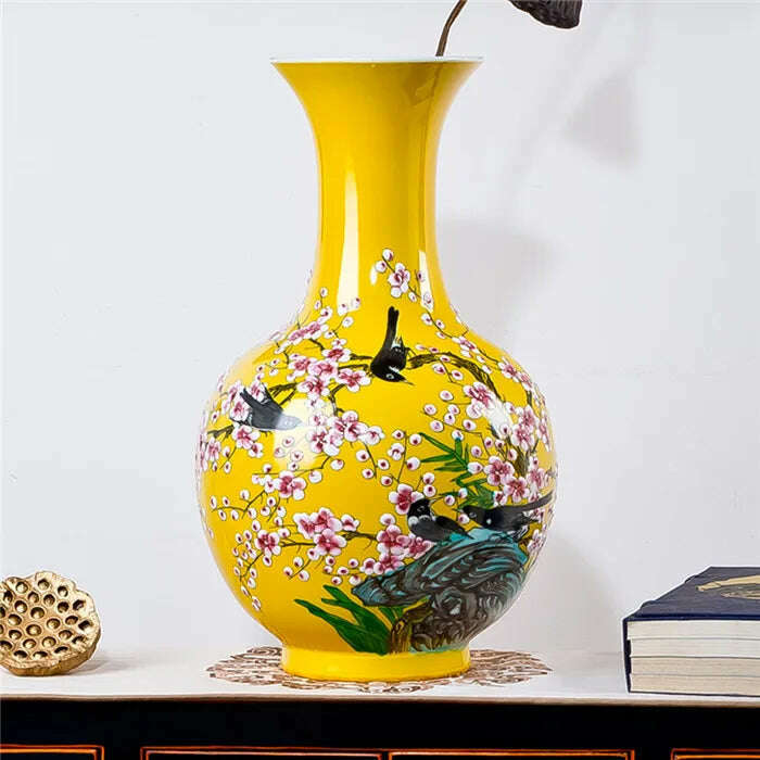 KIMLUD, Jingdezhen ceramics hand-painted famille rose large vase flower decorations are Home Furnishing living room decoration, yellow vase x 1, KIMLUD Womens Clothes