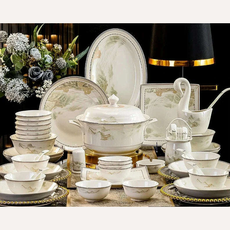 KIMLUD, Jingdezhen dish set housewarming tableware set bowl and plate ceramic tableware set light luxury plate bowl, 60pc, KIMLUD Womens Clothes