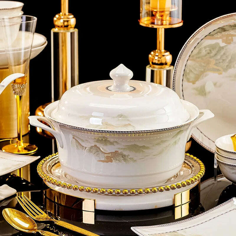 KIMLUD, Jingdezhen dish set housewarming tableware set bowl and plate ceramic tableware set light luxury plate bowl, KIMLUD Womens Clothes