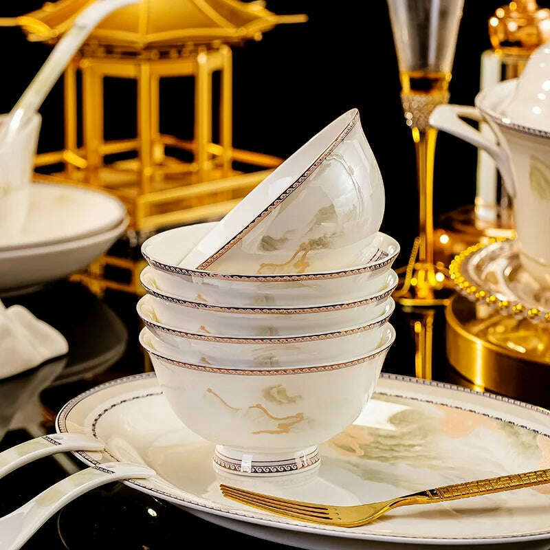 KIMLUD, Jingdezhen dish set housewarming tableware set bowl and plate ceramic tableware set light luxury plate bowl, KIMLUD Womens Clothes