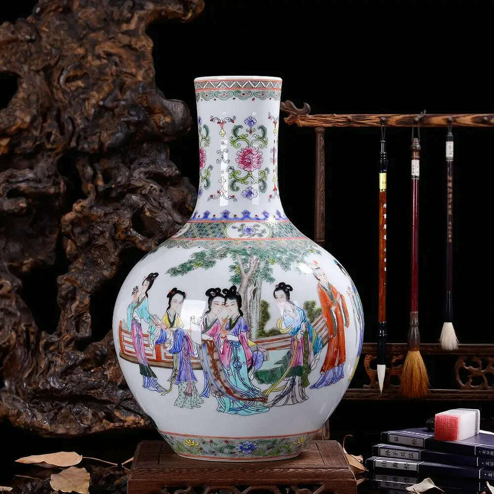 KIMLUD, Jingdezhen Porcelain Vases Hand Painted Ladies' pictures Antique Famille Rose Porcelain Living Room Home Decoration Chinese Vase, KIMLUD Womens Clothes