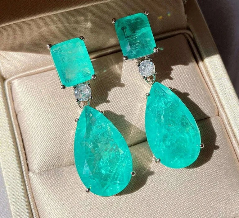 KIMLUD, JitDoo Trend Earrings for Women Paraiba Tourmaline Emerald Gemstone Big Drop Earrings Cocktail Party Fine Jewelry Female Gift, KIMLUD Womens Clothes