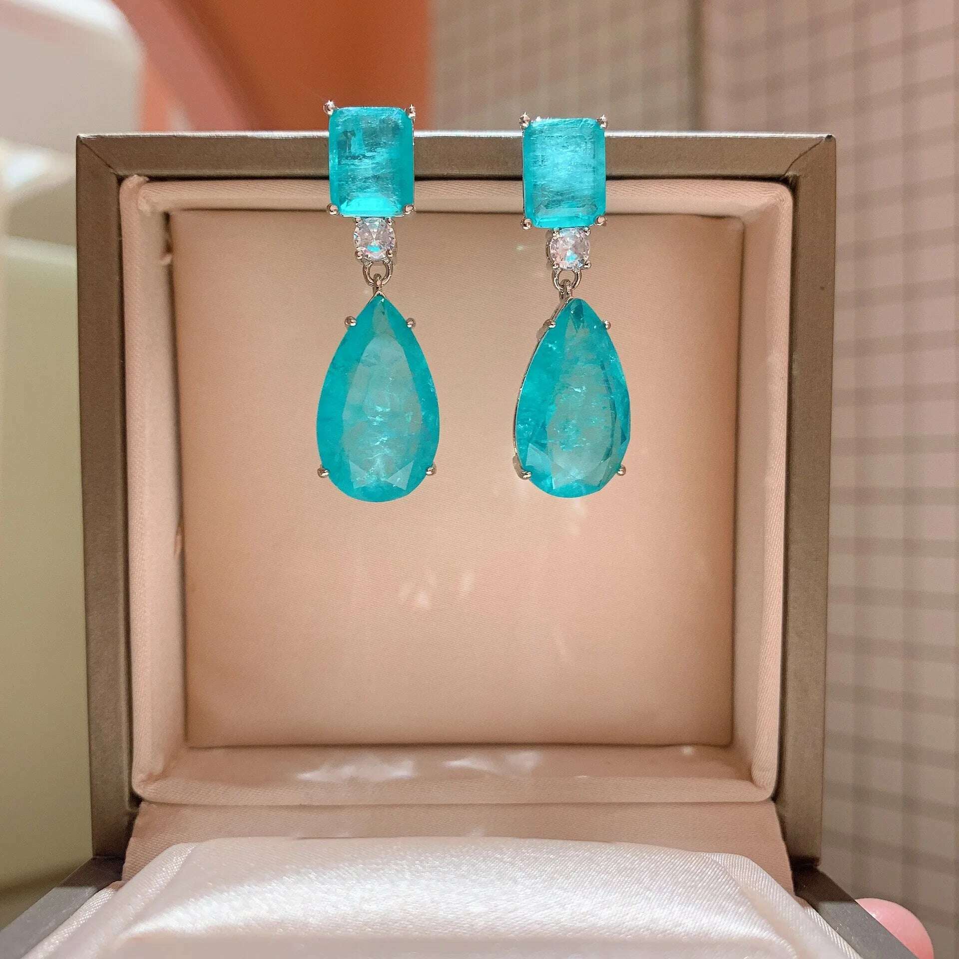 KIMLUD, JitDoo Trend Earrings for Women Paraiba Tourmaline Emerald Gemstone Big Drop Earrings Cocktail Party Fine Jewelry Female Gift, KIMLUD Women's Clothes