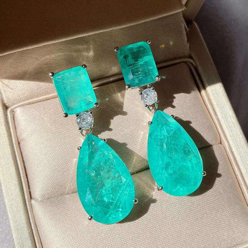 KIMLUD, JitDoo Trend Earrings for Women Paraiba Tourmaline Emerald Gemstone Big Drop Earrings Cocktail Party Fine Jewelry Female Gift, Paraiba / China, KIMLUD Women's Clothes