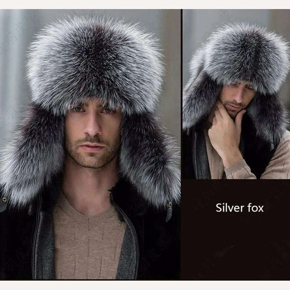 KIMLUD, JKP 2022 Genuine Silver Fox Fur Winter Hats Men Real Raccoon Fur Lei Feng Cap for Russian Keep Warm Bomber Leather Hat 1002, silver fox / CHINA, KIMLUD Women's Clothes