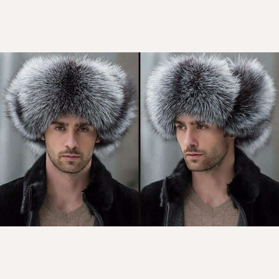 KIMLUD, JKP 2022 Genuine Silver Fox Fur Winter Hats Men Real Raccoon Fur Lei Feng Cap for Russian Keep Warm Bomber Leather Hat 1002, KIMLUD Womens Clothes