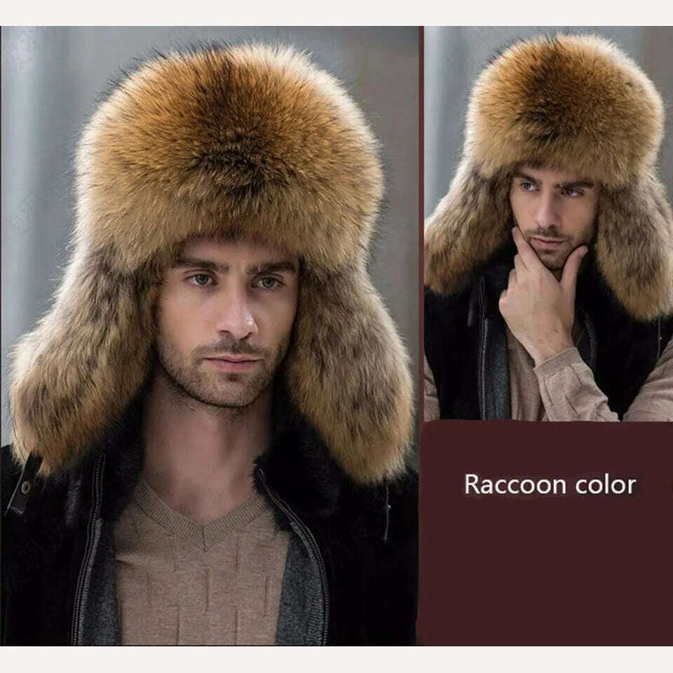 KIMLUD, JKP 2022 Genuine Silver Fox Fur Winter Hats Men Real Raccoon Fur Lei Feng Cap for Russian Keep Warm Bomber Leather Hat 1002, Raccoon / CHINA, KIMLUD Womens Clothes