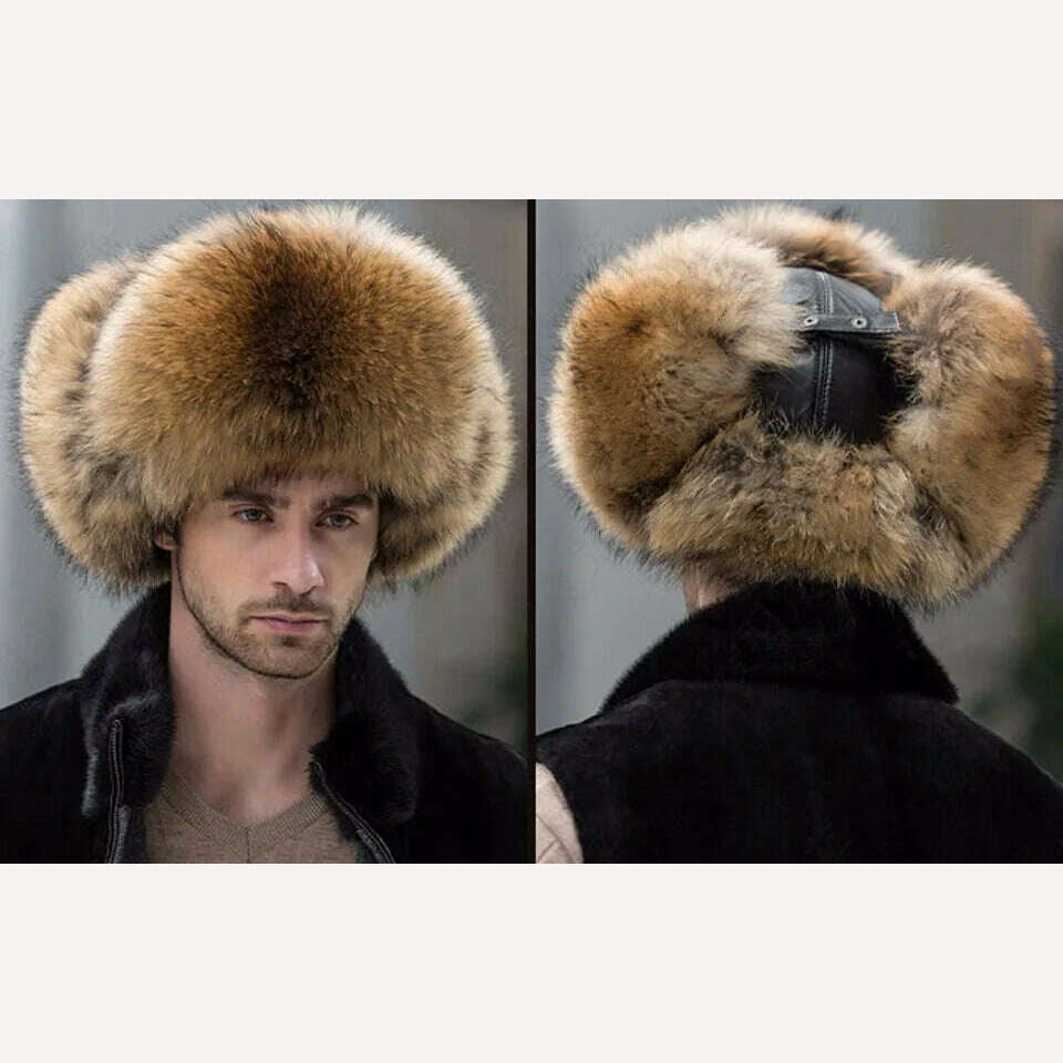 KIMLUD, JKP 2022 Genuine Silver Fox Fur Winter Hats Men Real Raccoon Fur Lei Feng Cap for Russian Keep Warm Bomber Leather Hat 1002, KIMLUD Women's Clothes