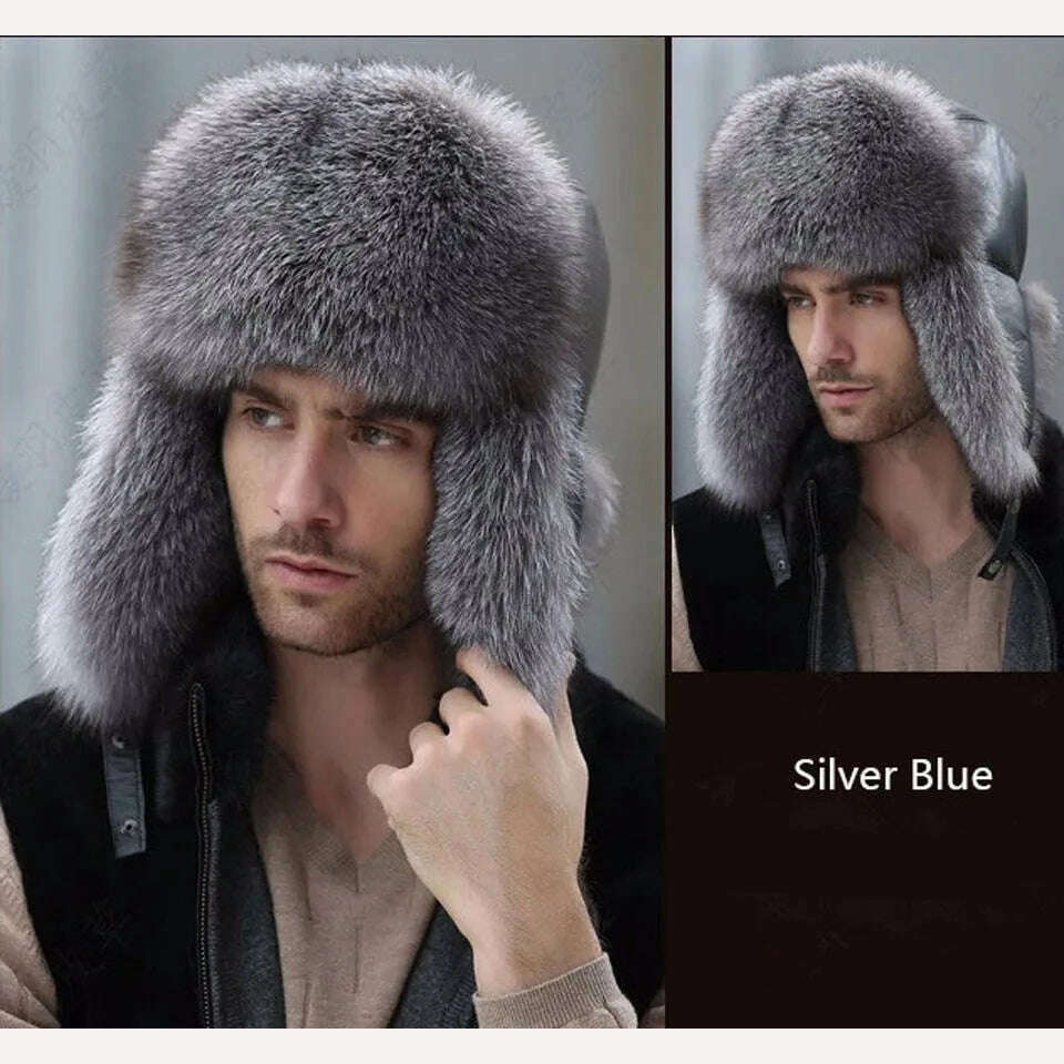 KIMLUD, JKP 2022 Genuine Silver Fox Fur Winter Hats Men Real Raccoon Fur Lei Feng Cap for Russian Keep Warm Bomber Leather Hat 1002, Silver blue / CHINA, KIMLUD Women's Clothes