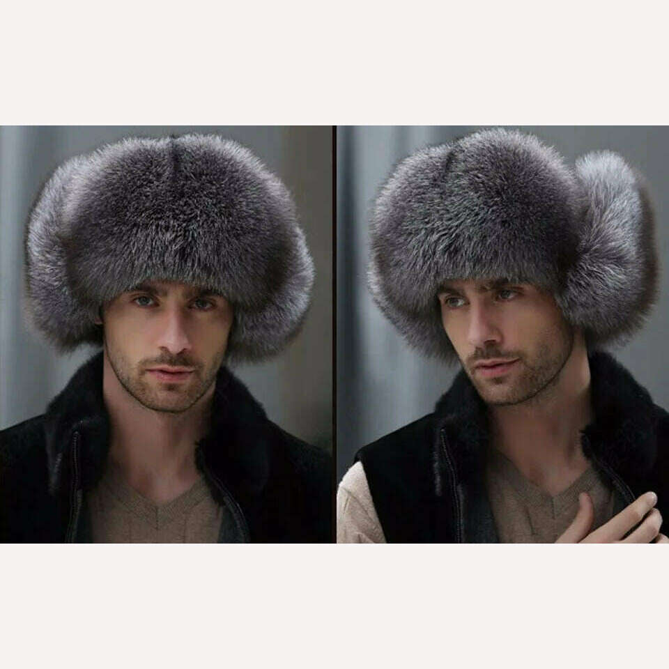 KIMLUD, JKP 2022 Genuine Silver Fox Fur Winter Hats Men Real Raccoon Fur Lei Feng Cap for Russian Keep Warm Bomber Leather Hat 1002, KIMLUD Women's Clothes