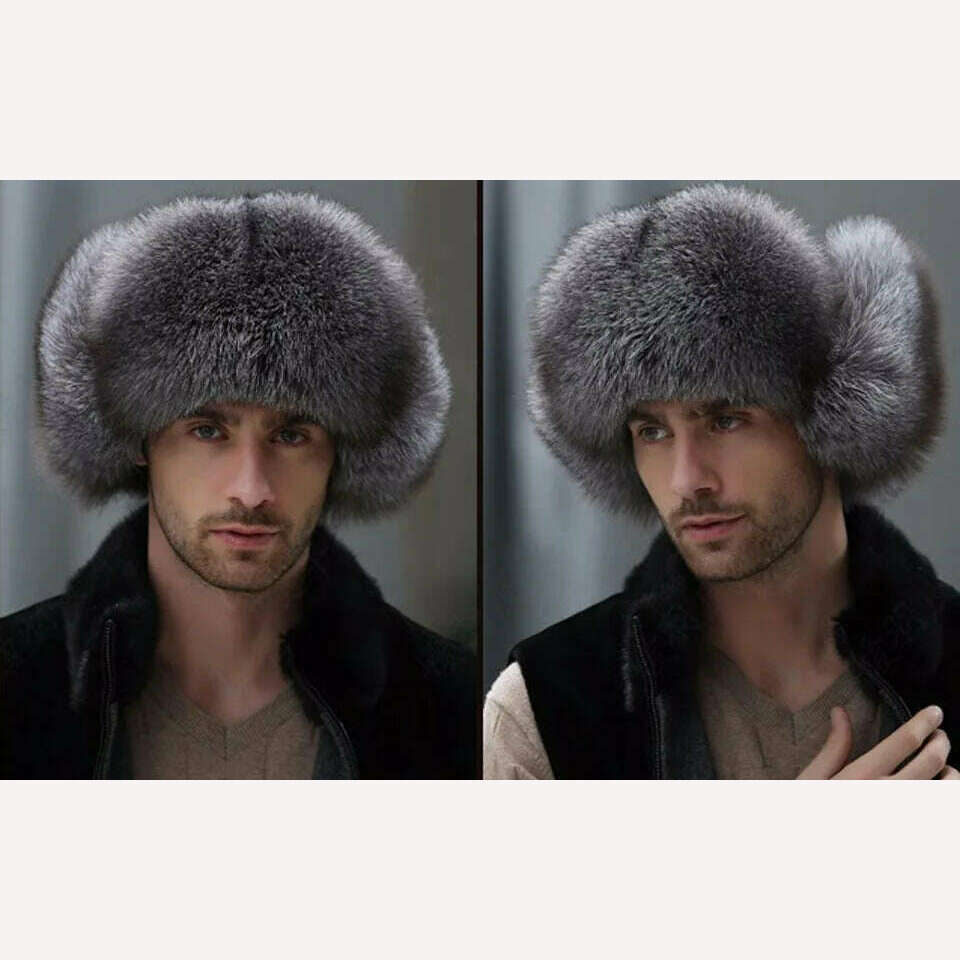 KIMLUD, JKP 2022 Genuine Silver Fox Fur Winter Hats Men Real Raccoon Fur Lei Feng Cap for Russian Keep Warm Bomber Leather Hat 1002, KIMLUD Womens Clothes