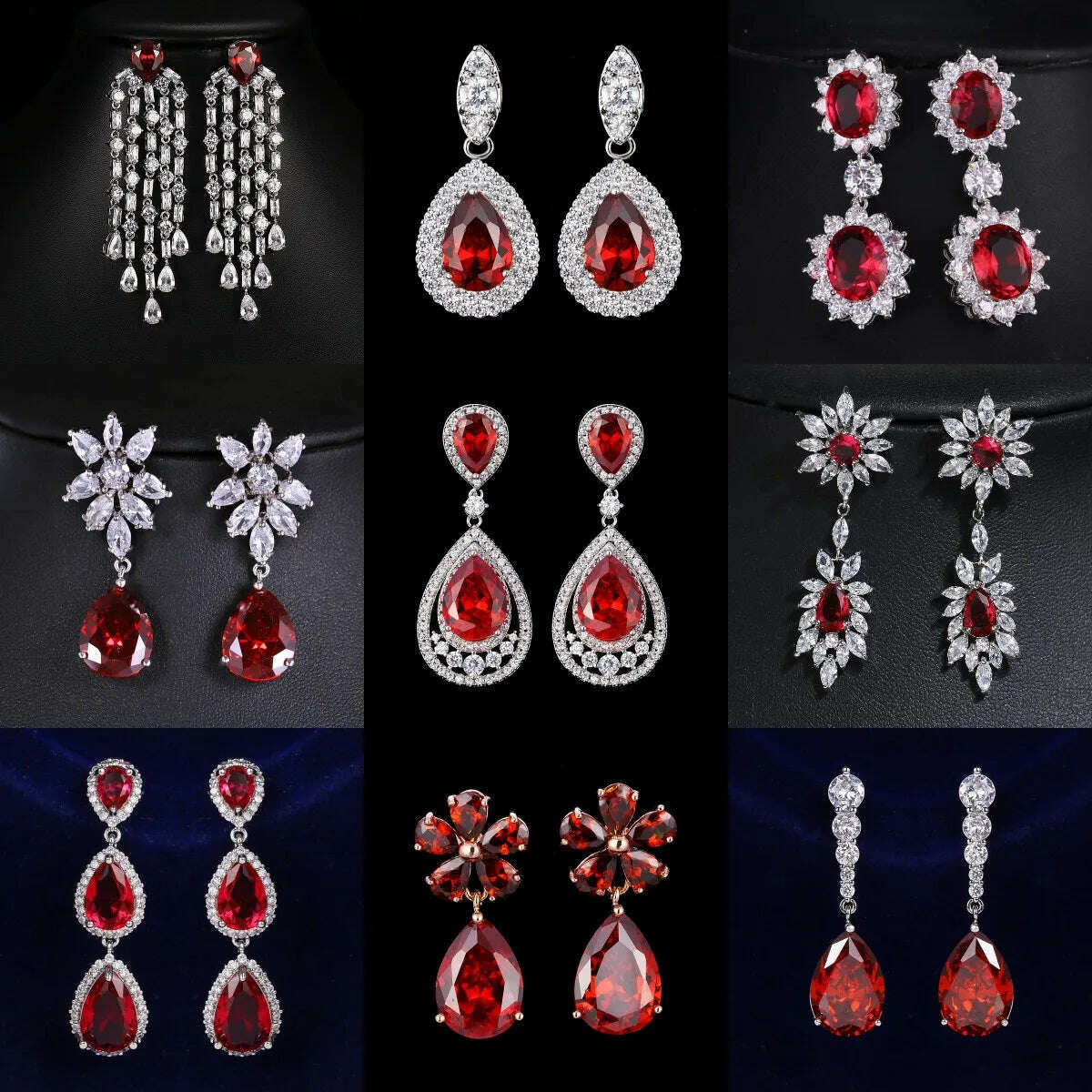 JMK Fashion Red Stone Cubic Zircon Dangle Earrings For Women Bridal Wedding Ruby Gemstone Jewelry Crystal Party Accessories Gift, KIMLUD Women's Clothes
