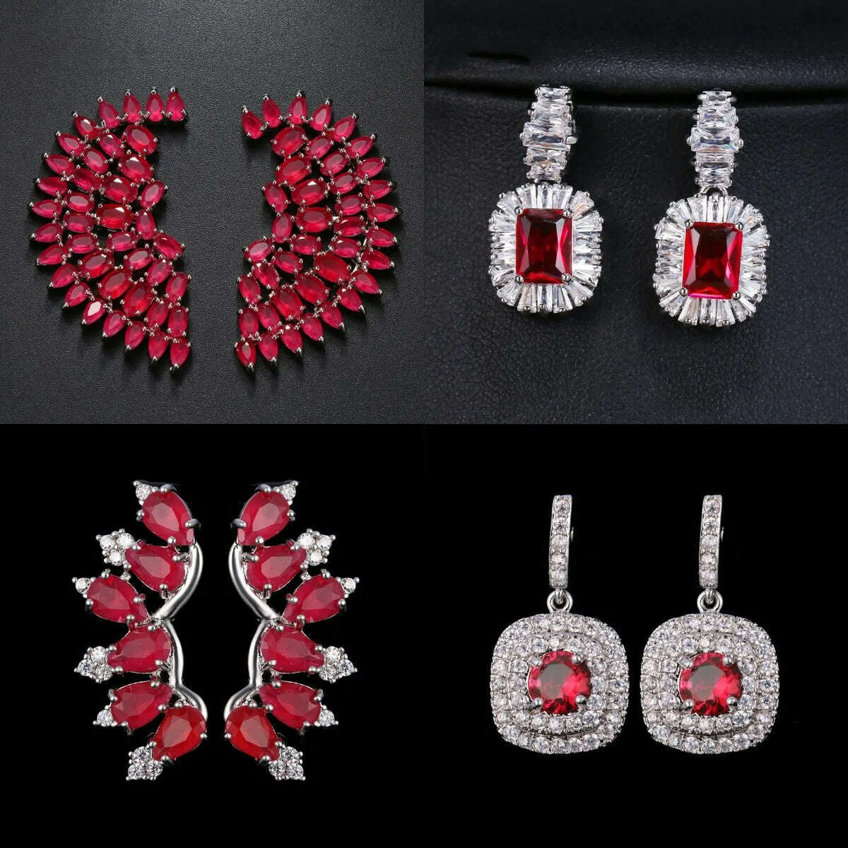 KIMLUD, JMK Fashion Red Stone Cubic Zircon Dangle Earrings For Women Bridal Wedding Ruby Gemstone Jewelry Crystal Party Accessories Gift, KIMLUD Women's Clothes