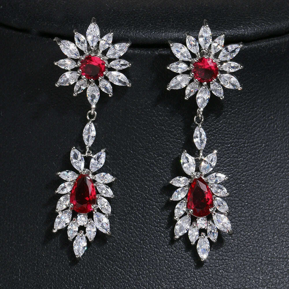 JMK Fashion Red Stone Cubic Zircon Dangle Earrings For Women Bridal Wedding Ruby Gemstone Jewelry Crystal Party Accessories Gift - KIMLUD