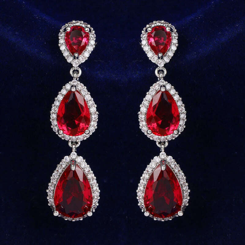 JMK Fashion Red Stone Cubic Zircon Dangle Earrings For Women Bridal Wedding Ruby Gemstone Jewelry Crystal Party Accessories Gift - KIMLUD