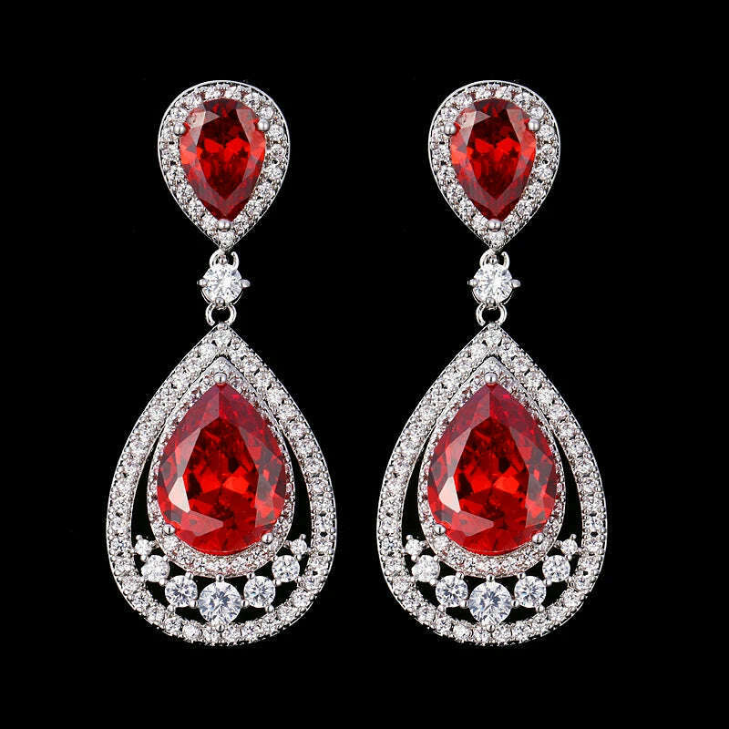 KIMLUD, JMK Fashion Red Stone Cubic Zircon Dangle Earrings For Women Bridal Wedding Ruby Gemstone Jewelry Crystal Party Accessories Gift, 399 Red silver / Red, KIMLUD Women's Clothes