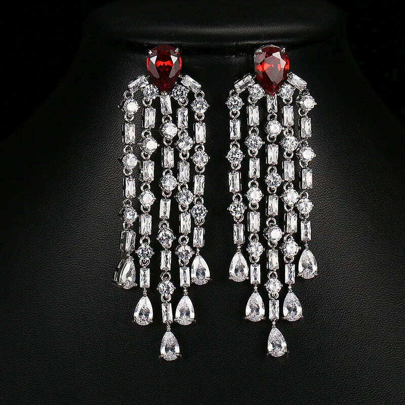 KIMLUD, JMK Fashion Red Stone Cubic Zircon Dangle Earrings For Women Bridal Wedding Ruby Gemstone Jewelry Crystal Party Accessories Gift, 137 Red silver / Red, KIMLUD Women's Clothes
