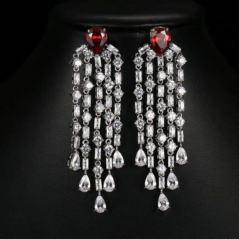 JMK Fashion Red Stone Cubic Zircon Dangle Earrings For Women Bridal Wedding Ruby Gemstone Jewelry Crystal Party Accessories Gift - KIMLUD