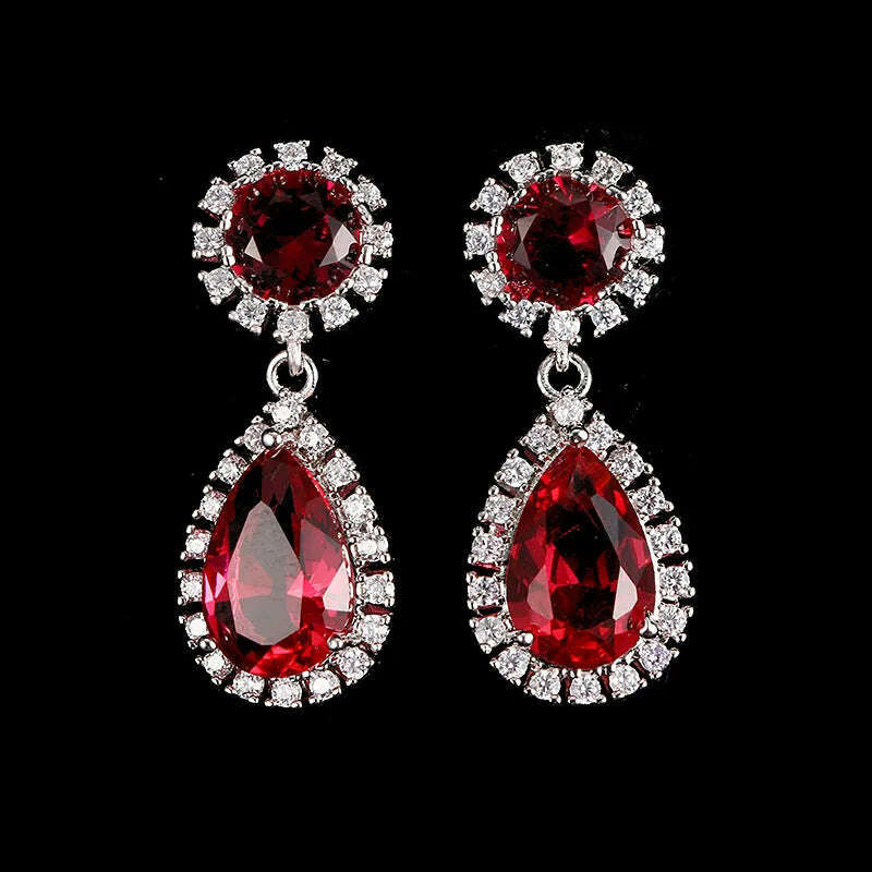 KIMLUD, JMK Fashion Red Stone Cubic Zircon Dangle Earrings For Women Bridal Wedding Ruby Gemstone Jewelry Crystal Party Accessories Gift, 205 Red silver / Red, KIMLUD Women's Clothes