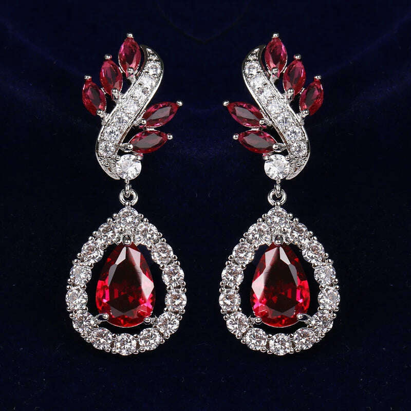 KIMLUD, JMK Fashion Red Stone Cubic Zircon Dangle Earrings For Women Bridal Wedding Ruby Gemstone Jewelry Crystal Party Accessories Gift, 767 Red silver / Red, KIMLUD Women's Clothes