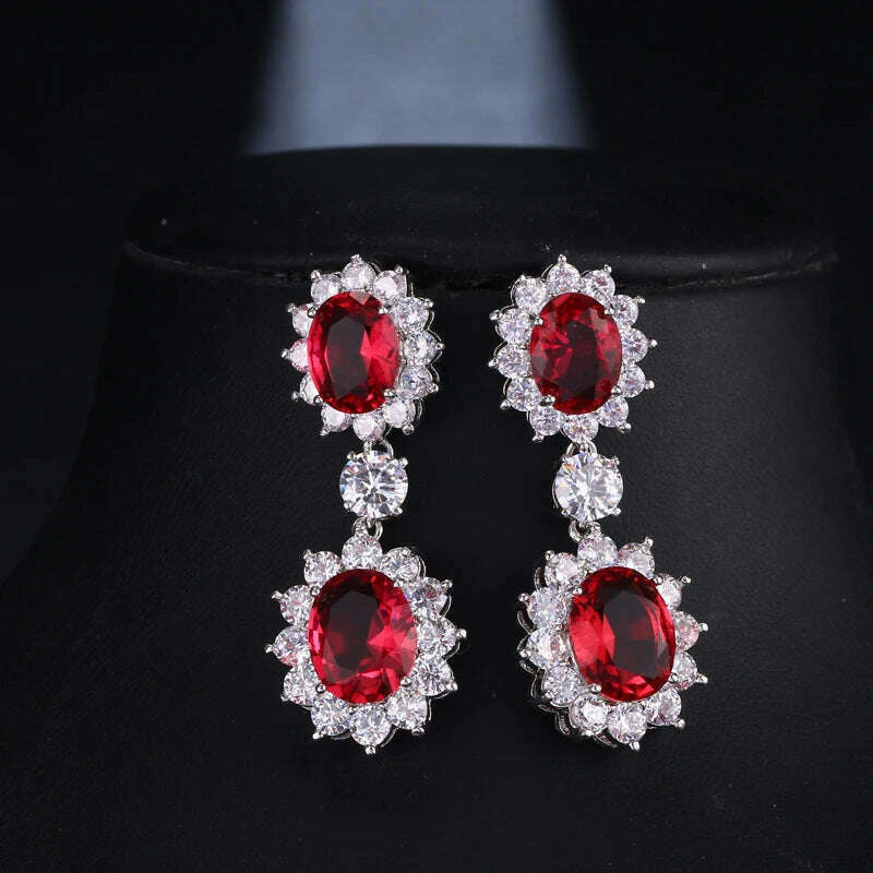 KIMLUD, JMK Fashion Red Stone Cubic Zircon Dangle Earrings For Women Bridal Wedding Ruby Gemstone Jewelry Crystal Party Accessories Gift, 437 Red silver / Red, KIMLUD Womens Clothes