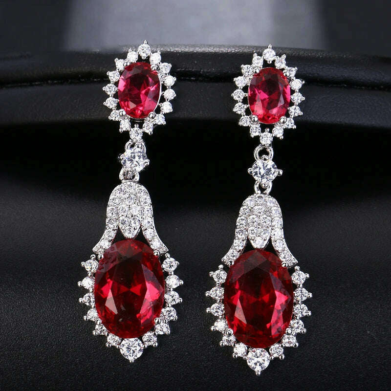 JMK Fashion Red Stone Cubic Zircon Dangle Earrings For Women Bridal Wedding Ruby Gemstone Jewelry Crystal Party Accessories Gift - KIMLUD