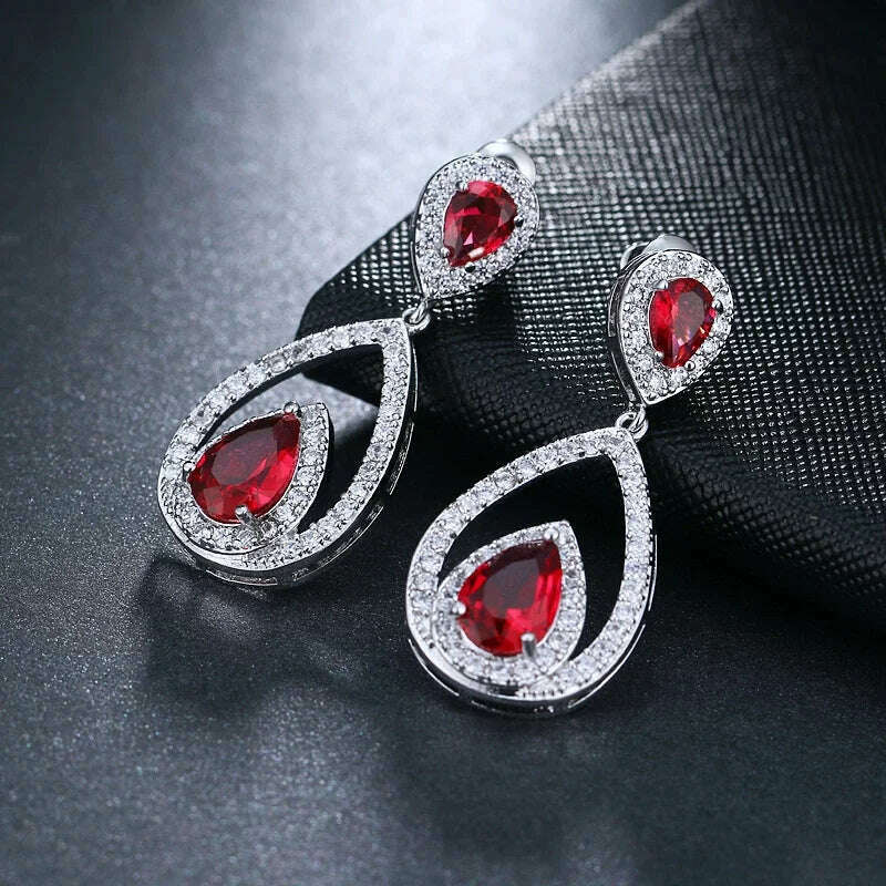 KIMLUD, JMK Fashion Red Stone Cubic Zircon Dangle Earrings For Women Bridal Wedding Ruby Gemstone Jewelry Crystal Party Accessories Gift, 317 Red silver / Red, KIMLUD Women's Clothes